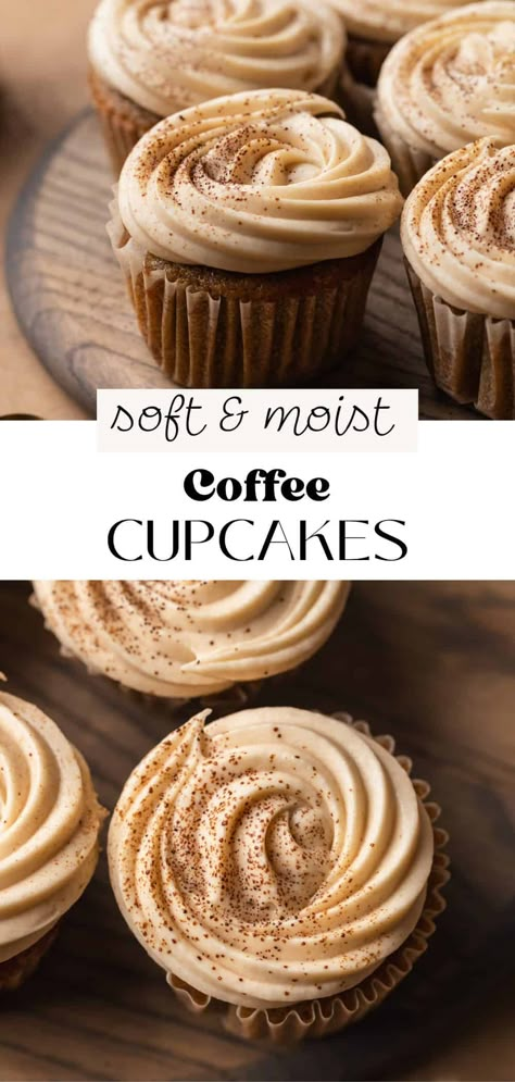 These rich coffee cupcakes are made with instant coffee for an intense coffee flavor. They're soft, moist, and topped with a swirl of coffee cream cheese frosting. They are a coffee lover's dream and perfect for people who want to eat and drink their morning cup of Joe. Instant Coffee Muffins, Fun Muffin Flavors, Coffee Cupcake Ideas, Coffee Cream Cheese Frosting, Coffee Flavored Cupcakes, Coffee Cupcakes Recipe, Coffee Cupcakes With Box Cake, Coffee Cupcake Recipes, Morning Desserts