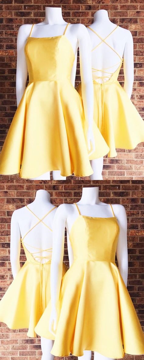 This dress could be custom made, there are no extra cost to do custom size and color. Yellow Homecoming Dress, Yellow Homecoming Dresses, Short Yellow Dress, Semi Dresses, Short Satin, Cute Homecoming Dresses, Yellow Dresses, Satin Homecoming Dress, Dress Open Back