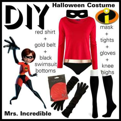 easy Superhero Easy Costumes, Easy Superhero Costumes For Women, Superhero Homemade Costumes, Mrs Incredible Costume Diy, Women’s Superhero Costume Diy, Diy Incredibles Costume, Quick Diy Superhero Costume Last Minute, Incredibles Costume Diy, The Incredibles Halloween Costume