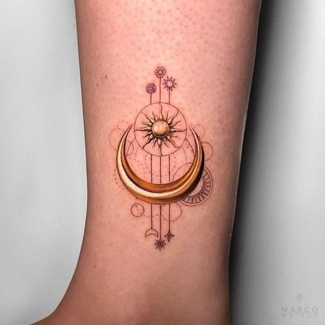 Gold Sun Tattoo, Moon Arm Band Tattoo, Sun And Moon Scales Tattoo, Crescent Tattoo, Golden Tattoo, Sun And Moon Abstract Tattoo, Sun Moon Ornamental Tattoo, Sun Moon Geometric Tattoo, Jewerly Tattoo