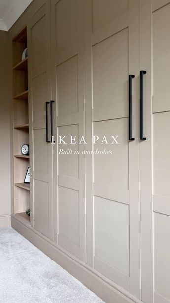 Ikea Closet Inserts, Closets With Cabinets, Wardrobe Design Around Bed, Build Own Wardrobe, Built In Storage Cabinets With Doors, Built In Closet Storage, Pax Garage Storage, Beige Dressing Room, Long Hallway Storage Ideas