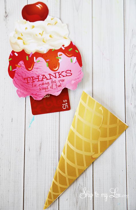 ice cream cone gift card holder teacher gift idea Ice Cream Gift Card Ideas, Ice Cream Gift Card Holder, Lifeguard Gifts, Gift Card Basket, End Of Year Teacher Gifts, Printable Ice Cream, Gift Card Bouquet, Ice Cream Gift, Teacher Gift Printables