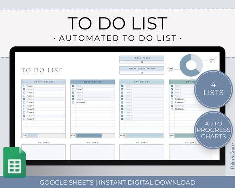 Easily track your tasks with this Google Sheets to do list template! This digital to do list template is the perfect Google Sheets task planner to keep track of what you need to do. See your progress with automated charts and seamlessly check off what you've done on the customizable digital task lists. If you want to boost your productivity, this editable Google Sheets to do list may be perfect for you!  - - - - - - - - - - - SHOP OTHER TO DO LISTS https://www.etsy.com/shop/palmandgracedesigns/? Google Sheets Aesthetic, Google Sheets Planners, Productivity Spreadsheet, Google Sheets Agenda, Task Tracker Excel, Google Site Templates, Google Sheets Task Tracker, Google Tasks, Digital To Do List