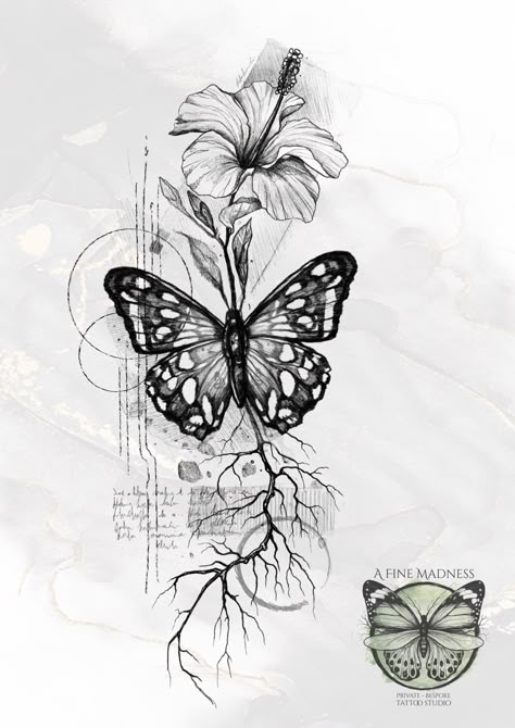 Butterfly And Flower Patchwork Tattoo, Butterfly Diagram Tattoo, Life Cycle Of A Butterfly Tattoo, Butterfly Sleeve Tattoo Men, Hibiscus Butterfly Tattoo, Butterfly Garden Tattoo Sleeve, Butterfly Geometric Tattoo, Vines And Butterfly Tattoo, Botanical Spine Tattoo