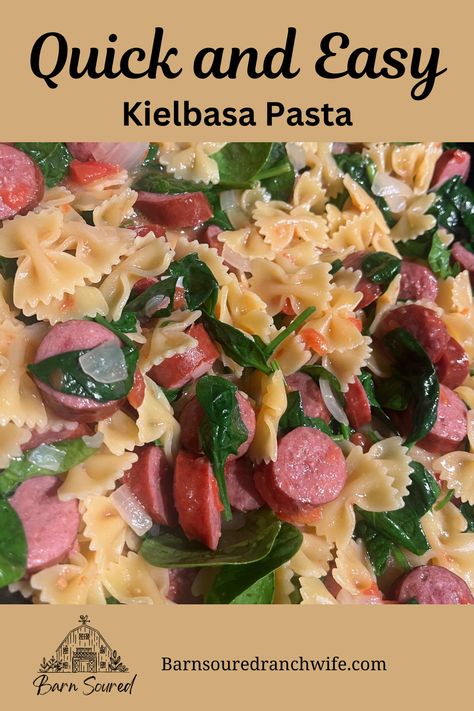 This Kielbasa pasta is a delicious quick and easy weeknight dinner recipe. A family friendly recipe that is packed with flavor and sure to please the kids! Easy Healthy Casseroles, Usa Recipes, Kielbasa Pasta, Ranch Wife, Spinach Pasta Recipes, Kielbasa Recipes, Weeknight Dinner Recipes Easy, Pasta Dinner Recipes, Easy Weeknight Dinner