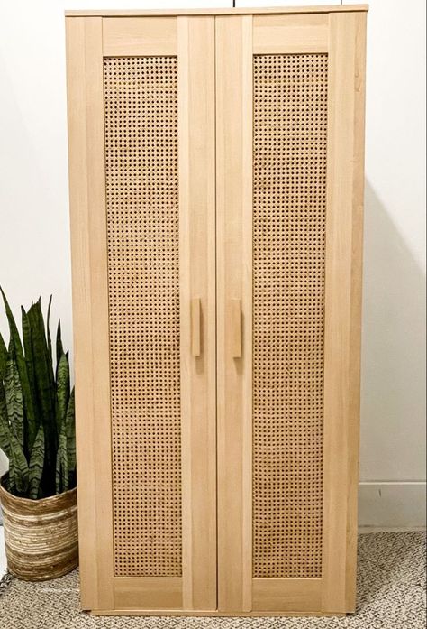 Diy Boho Wardrobe, Boho Bedroom Cupboard, Boho Cupboard Ideas, Ikea Cane Cabinet, Aneboda Wardrobe Hack, Boho Cupboard, Rattan Cupboard, Ikea Aneboda, Cane Cabinet