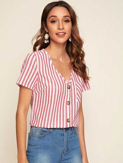 Vertical Striped Shirt, Shirt Style Tops, Summer Blouses, Women Blouses, Casual Stripes, Shein Tops, Grey Shirt, Casual Blouse, Striped Blouse