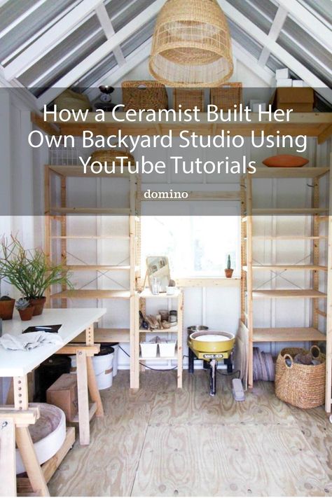 Backyard Pottery Studio Sheds, Pottery Studio Design Style, Diy Pottery Studio Shed, Pottery Studio Setup Ideas, Paint Your Own Pottery Studio Ideas, Ceramic Home Studio, Backyard Pottery Studio, Pottery Studio Storage, Pottery Shed Ceramic Studio