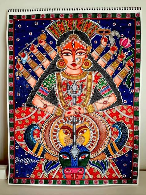 Maa Kali Madhubani Painting, Madhubani Painting Durga Maa, Maa Durga Madhubani Painting, Durga Maa Madhubani Painting, Madhubani Durga Painting, Mithila Painting Design, Kalighat Paintings Folk, Madhubani Paintings Traditional, Mirror Canvas Art