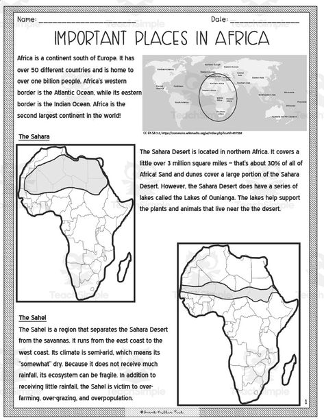 This resource is an Important Places in Africa Reading Packet.This is a great no prep resource that all you have to do is print and go!Students will love learning geography as they read an informative passage and apply vocabulary terms.Worksheets included such as multiple-choice questions and graphic organizers will allow them to show what they know.These work well for social studies or reading instruction.Answer keys included. Learning Geography, Places In Africa, Learn Geography, Manila Folder, Geography Games, First Grade Worksheets, Social Studies Worksheets, Social Studies Activities, Les Continents