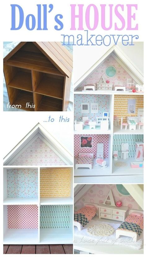 Sweet dolls house makeover! Could easily make this with a small book shelf and a couple of pcs of scrap wood..decorate..yay! Colourful Dolls House, Bookshelf Barbie House, Cube Dollhouse Diy, Cube Shelf Doll House Diy, Decorate Dollhouse Ideas, How To Decorate A Doll House, Diy Dollhouse Paint Ideas, Cube Shelf Doll House, Doll House Crafts How To Make