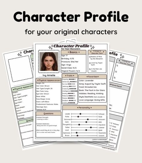 -this profile helps you develop detailed characters for your books, novels, stories, etc. -helps you stay organized with your writing projects -8 different colors to match your aesthetic -Purchase included 2 files, "Character Profile -Neutral Colors-" and "Character Profile -Pastel Colors-" ☆This is a digital download || Nothing will be mailed to you☆ Please let me know if you have any questions :) --This file is for your personal use ONLY. This is NOT to be copied, distributed, altered, or sold Character Details Template, Book Character Development, Character Profile Aesthetic, Detailed Character Profile Template, Things To Do With Your Ocs, Character Profile Art, Character Profile Template, Profile Character, Original Character Art