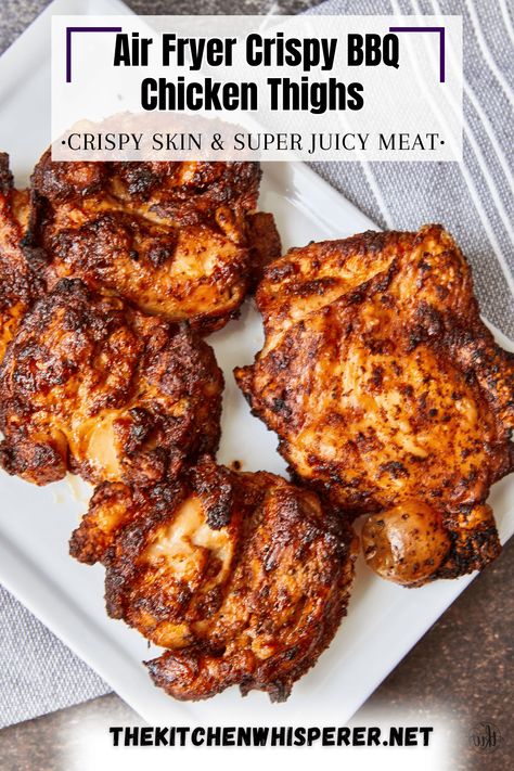 Just 3 ingredients are needed to create crispy skin BBQ seasoned super juicy chicken thighs. Grab your air fryer & let's make deliciousness! Fried Chicken Thighs Boneless, Air Fryer Bbq Chicken Thighs, Crispy Bbq Chicken, Game Day Chicken, Chicken Thighs Air Fryer, Barbecue Chicken Thighs, Chicken For Lunch, Chicken Thighs In Oven, Air Fryer Bbq Chicken