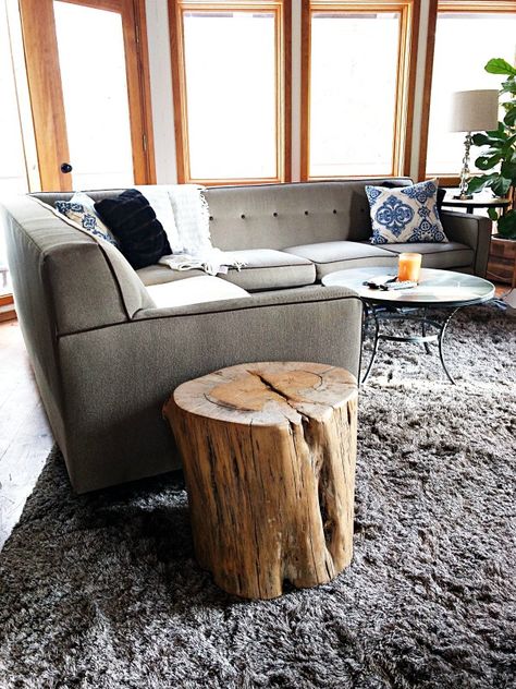 How to Make a Pottery Barn Reclaimed Wood Stump Table Stump Table Outdoor, Wood Stump Side Table, Log End Tables, Log Side Table, Stump Coffee Table, Reclaimed Wood Side Table, Pottery Barn Decor, Tree Stump Side Table, Log Coffee Table