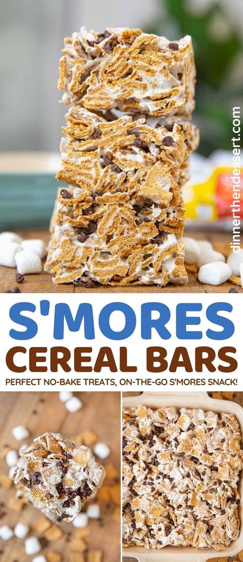 S'mores Cereal Bars are gooey no-bake treats perfect all school year and summer long. #dessert #smores #cerealbars #goldengrahams #chocolatechips #marshmallow #sweettreats #dinnerthendessert Cereal Bars Recipe, Dessert Smores, Smores Snacks, Cereal Bars Recipes, Appetizing Food, Summertime Snacks, Golden Grahams, Kid Friendly Dessert, Simple Desserts