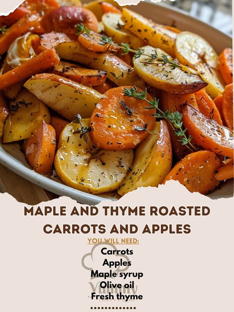 🍁🍎 Savor Autumn! Try Maple and Thyme Roasted Carrots and Apples. A sweet and savory delight! #AutumnVibes Maple and Thyme Roasted Carrots and Apples Ingredients: Carrots (6 medium, peeled and sliced) (3 cups (750 ml)) Apples (3 medium, cored and sliced) (3 cups (750 ml)) Maple syrup (1/4 cup (60 ml)) Olive oil (2 tbsp (30 ml)) Fresh thyme (1 tbsp (15 ml), minced) Salt and pepper (to taste) Instructions: Preheat oven to 375°F (190°C). Toss carrots and apples in syrup, oil, thyme, salt, and p... Thyme Salt, Apple Maple, Harvest Season, Thanksgiving Menu, Roasted Carrots, Sweet And Savory, Fresh Thyme, Healthy Treats, Maple Syrup