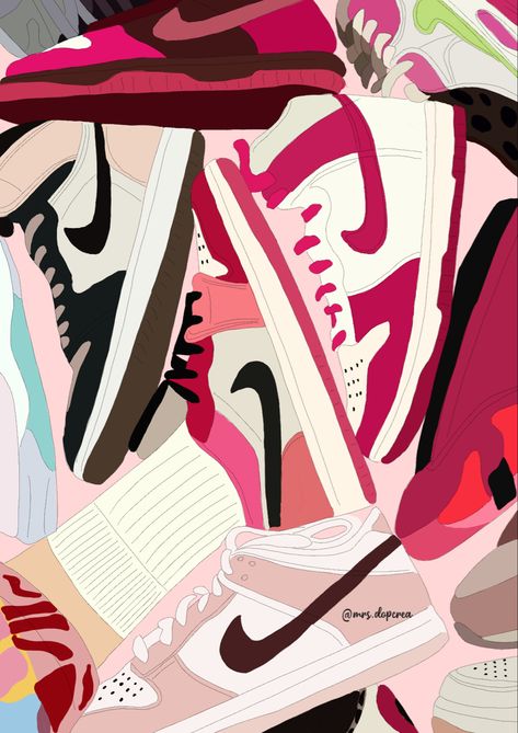 Sneaker Head Aesthetic Wallpaper, Shoe Background, Sneaker Pictures, Shoe Collage, Nike Drawing, Sneakers Illustration, Sneakers Wallpaper, Nike Art, Shoes Wallpaper