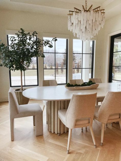 Cella Jane by Becky Hillyard. Details on our dining room decor and furniture. Dining table, dining chairs, chandelier, decor. Cella Jane Dining Room, Cella Jane Home, Modern Mediterranean Home, Becky Hillyard, Scandi Living, House Lights, Cella Jane, Wood Side Chair, Chandelier Decor