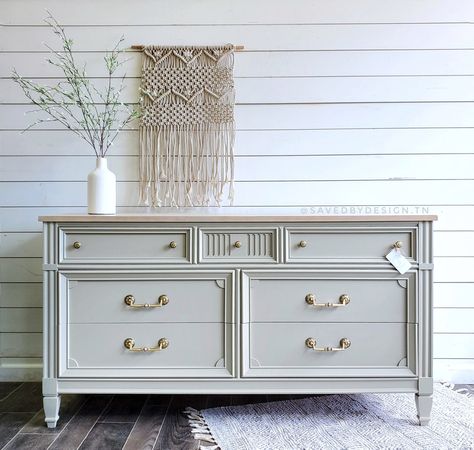 Refinished in a neutral gray with exposed wood top. Grey And Wood Furniture, Light Gray Dresser, Long Dressers, Grey Painted Dresser, Gray Dresser Makeover, Dresser Restoration, Refurbished Dresser, Grey Bedroom Set, Bed Makeover