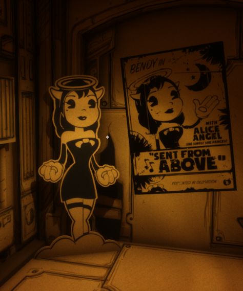 Alice poster and cutout! Machine Image, Angel Posters, Alice Angel, Angel Aesthetic, Bendy And The Ink Machine, Video Game Art, Horror Game, Halloween Fun, Game Art