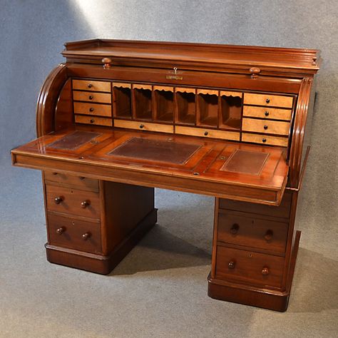 Antique Fine Victorian Writing Bureau Large English Cylinder Roll Top Desk C1870 | 246225 | Sellingantiques.co.uk Writing Bureau, Desk Redo, Antique Writing Desk, Roll Top Desk, Contemporary Desk, Desk Accessories Office, Antique Desk, Victorian Furniture, Wooden Desk