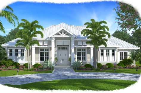 Plan #27-491 - Houseplans.com Key West Style Homes Exterior, Key West Style Homes, Florida House Plans, Key West Style, Mediterranean Style House, Southern Style House Plans, Mediterranean Style House Plans, Southern Design, Florida Style