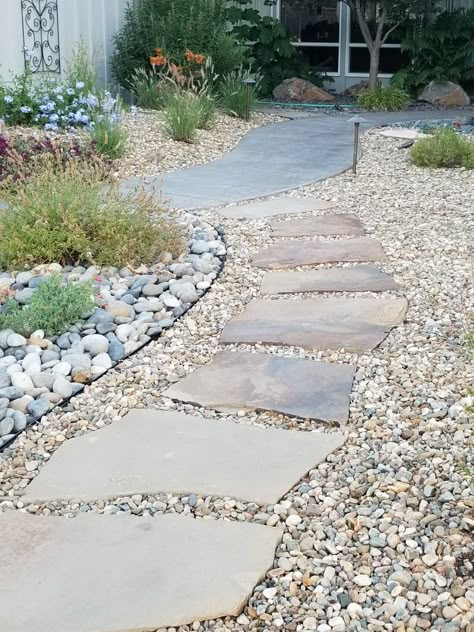 Natural Rock Walkways Paths, Flagstone And Pebble Walkway, Rock Driveway Ideas, Flagstone And Pea Gravel Pathway, Flagstone Path With River Rock, Stone And Gravel Pathway, Flagstone Pathway Pea Gravel, Gray Flagstone Walkway, Backyard Walkway