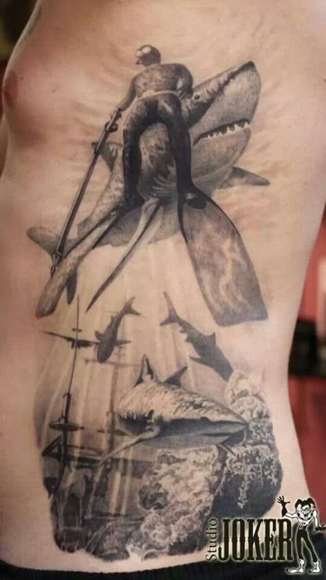 Shark!!! Spearfishing Tattoo, Ocean Sleeve Tattoos, Underwater Tattoo, Diver Tattoo, Ocean Sleeve, Tattoo Guys, Dove Tattoos, Octopus Tattoo Design, Ship Sailing