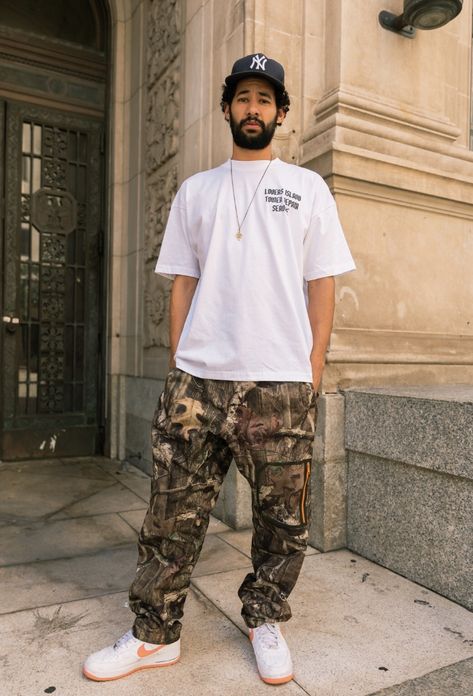 Mens Camo Cargo Pants Outfit, Camp Street Style, How To Style Camp Cargo Pants, Realtree Camo Pants Outfit Men, Men’s Camo Pants Outfit, Camo Shirt Outfit Men Street Styles, Camp Pants Outfit Men, Realtree Pants Outfit, Camo Cargo Pants Outfit Men