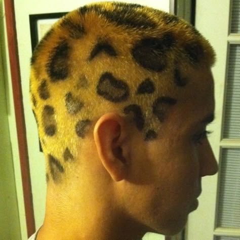 Awesome cheetah print hair! Cheetah Print Hair Men, Cheetah Hair Dye, Leopard Print Buzzcut, Cheetah Print Buzzcut, Buzz Designs, Jaguar Hair, Dye Hairstyles, Cheetah Print Hair, Cheetah Hair