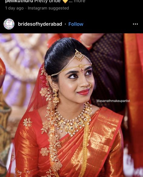 Telugu Bride Muhurtham Look, Bridal Makeover South Indian, Basingalu Designs For Bride, Bridal Maangtika Designs, Telugu Bride Look, South Indian Muhurtham Look, Basingalu For Wedding Designs, Telugu Bridal Makeup, Telugu Bridal Hairstyles