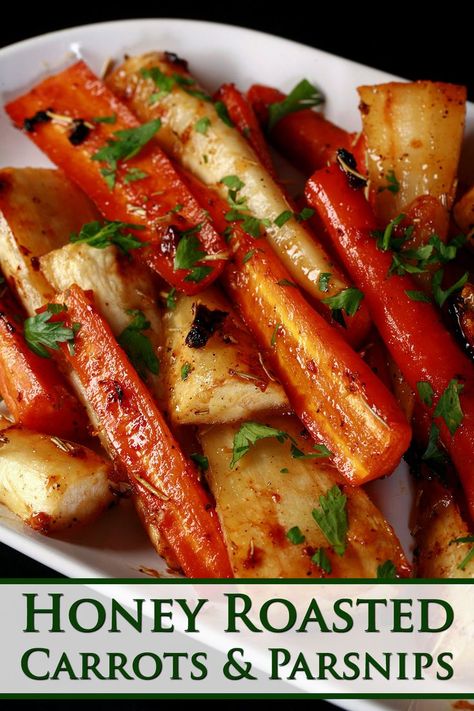 A serving plate of honey roasted parsnips and carrots, garnished with chopped parsley. Roasted Turnips And Carrots, Medeterian Diet, Roasted Parsnips And Carrots, Carrot And Parsnip Recipe, Honey Parsnips, Honey Roasted Parsnips, Pumpkin Cheese Ball, Dinner Veggies, Carrot Parsnip