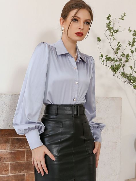 Bishop Sleeve Button Front Satin Blouse | SHEIN USA Puffy Blouse, Bishop Sleeve Blouse, Short Shirt, Bishop Sleeve, Satin Shirt, Women Blouses, Satin Blouse, Short Bob Hairstyles, Short Shirts