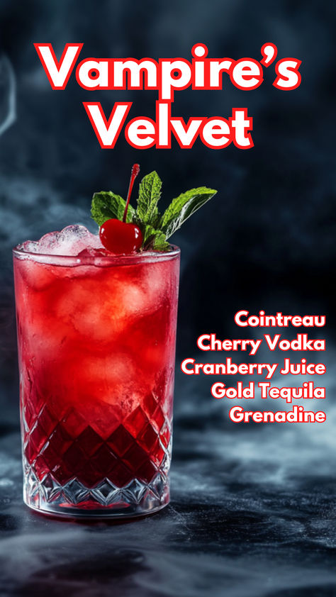 Vampire’s Velvet Halloween Punch Vodka, Gothic Cocktails, Fruity Vodka Drinks, Spiced Rum Drinks, Cranberry Cocktails, Cranberry Cocktail Recipe, Spooky Cocktails, Cocktail Cards, Cranberry Juice And Vodka