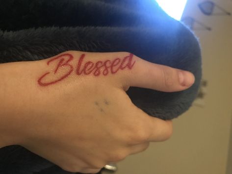 #blessed #tattoo #handtattoos Blessed Hand Tattoos For Women, Blessed Red Ink Tattoo, Godspeed Hand Tattoo, Blessed Small Tattoo, Blessed On Wrist Tattoo, Blessed Side Hand Tattoo, Blessed Hand Tattoo, Blessed Tattoo On Hand, Forearm Blessed Tattoo