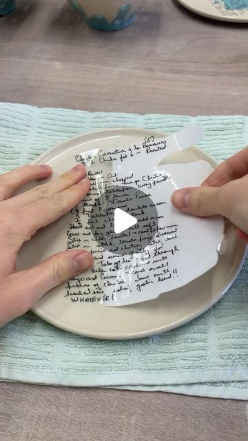 Alice Funge on Instagram: "Here’s how I add each recipe to a piece using waterslide ceramic transfer paper. This plate features a handwritten Coronation Chicken recipe. See if you can read the last line about the serving! 
.
.
.
.
.
#handmadeplate #handwrittenrecipe #handcrafted #craftsmanship #craftswomanship #handmadeceramics #wheelthrownplate #digitalceramics #familyrecipe #coronationchicken #handwriting #wallplate #countryliving #countrykitchen #handmadegift #kitchenware" Transfer Handwritten Recipe To Plate, Diy Handwriting Gifts, Ceramic Transfer Paper, Pottery Transfer Ideas, Diy Clay Plate, Wedding Plates Diy, Ceramic Plate Ideas, Coronation Chicken Recipe, Pottery Corner