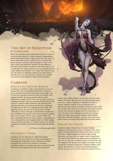 The Art of Seduction: A succubus-inspired bard subclass and cambion race, for those of you who want to leave your enemies with wounded hearts - Album on Imgur Dnd 5e Homebrew Succubus, Dnd Succubus, Demoness Succubus, Succubus Art, 5e Monsters, Dnd Bard, Dungeons And Dragons Races, The Art Of Seduction, Dnd Homebrew