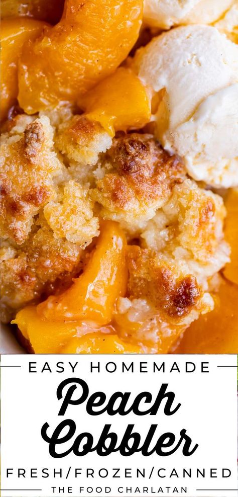 Homemade Peach Cobbler Recipe (Fresh, Canned, or Frozen!) from The Food Charlatan. There is just nothing better than fresh homemade Peach Cobbler in the summer! Or make it any time of year with canned or frozen peaches. This easy recipe features juicy peaches with a sweet buttery cake like topping, but even better because it gets nice and crispy on top! You can even try it with apricots. Perfect with vanilla ice cream. This recipe comes together super fast and is easy enough for kids to make it! Pioneer Woman Peach Cobbler, Peach Cobbler With Frozen Peaches, Peach Cobbler With Fresh Peaches, Homemade Peach Cobbler Recipe, Best Peach Cobbler, Fresh Peach Recipes, Homemade Peach Cobbler, Cobbler Recipes Easy, Easy Peach Cobbler