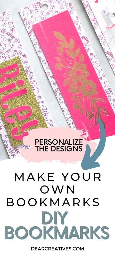 DIY Bookmarks - See how to make your own bookmarks. This DIY bookmark idea is easy to make and you can make personalized bookmarks. This is an easy way to make a bookmark them and keep your spot when reading. I think anyone who reads or is a book lover can enjoy making one. Make them for kids, teens, or adults. You can personalize these with names, pretty cardstock, pretty papers, ribbons, lace, and scrap materials... Make your own Bookmarks - Get guide and step-by-step DIY at DearCreatives.com Paper Bookmark Ideas, Cricut Bookmark Ideas, Free Printable Bookmarks Templates, Make Your Own Bookmarks, Diy Bookmark Ideas, Make A Bookmark, Fabric Bookmarks, Free Printable Bookmarks, Bookmarks Diy