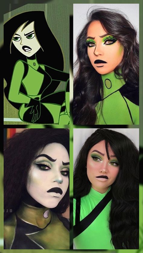 Kim Possible Villain Costume, Shego Cosplay Makeup, Shego Halloween Makeup, Kim Possible Characters Costume, Shego Costume Makeup, Halloween Costumes For Long Black Hair, Plus Size Shego Costume, Sheego Makeup, She Go Costume Kim Possible