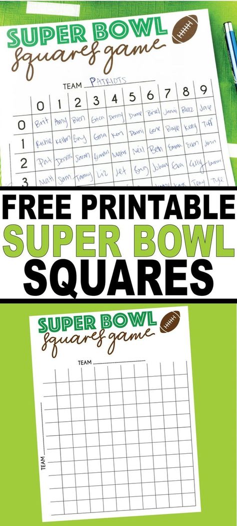 Free printable Super Bowl squares game board! Perfect for any some Super Bowl fun or really watching any football game! Super Bowl Printables, Super Bowl Squares, Football Squares Template, Superbowl Squares, Trophy Diy, Superbowl Party Games, Football Squares, Super Bowl Trophy, Football Pool