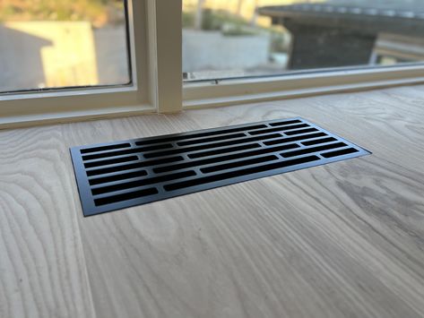 Floor Vents Covers, Floor Vents For Hardwood, Modern Floor Vents, Flush Floor Vents, Floor Registers On Hardwood, Floor Vents Ideas, Bus Build, Air Return Vent Cover, Floor Vent