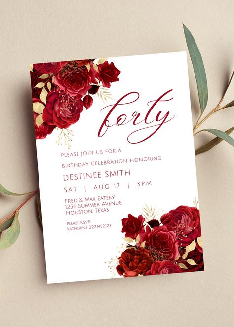 Editable red and gold floral birthday invitation perfect for your next birthday party or birthday dinner. This red invitation can be edited yourself using Canva. If you choose to print yourself the print size is 5x7 and can be printed on cardstock invitation paper. You can also have the completed file taken to your local print shop and have them print. Can also be saved as an image to use as a text invitation or email invitation. All the wording is editable. Details: red invitation with red and gold flower design. Use to celebrate all the great milestone birthdays such as 18th birthday, 21st birthday, 30th birthday, 40th birthday, 50th birthday, 60th birthday and so on! Easily editable for any age. HOW IT WORKS: ♥ Once purchased, you will receive a link that will take you to Canva.com wher Red And Gold 80th Birthday Party, Red Rose Birthday Theme, Red And Gold Birthday Party Decoration, Red Invitation Template, Red And Gold Birthday Party, Red Birthday Invitations, Invitation Red And Gold, Red And Gold Flowers, Invitation For Birthday Party