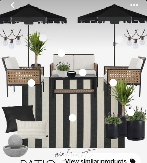 Patio Furniture Black And White, Black And White Cabana Stripe Patio, Black And White Outdoor Patio Floor, Front Porch Decor Black And White, Patio Furniture Aesthetic, Cane Patio Furniture, Black And Tan Patio Decorating Ideas, Black And White Striped Patio Decor, Black White And Brown Patio Decor