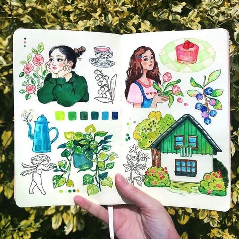 Art Journaling Inspiration on Instagram: "gorgeous summer sketchbook pages by @lucieell.art 🌿 . #sketchbookart #journaling" Summer Sketchbook, Cute Sketchbooks, Sketchbook Spreads, Sketchbook Challenge, Travel Journal Scrapbook, Pretty Artwork, Art Diary, Sketchbook Pages, Creative Artwork