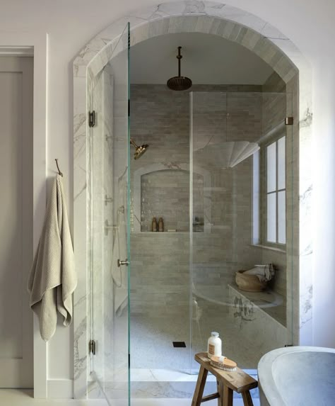 Modern European Master Bath, Double Door Shower Master Bath, Double Shower And Bathtub, Master Bath Shower With Bench, Tub In Shower Area Master Bath, Shower Behind Tub Wall, Closed Shower Ideas, Sitting Vanity In Master Bath, Walk In Shower For Two