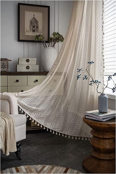 Amazon.com: MVMVA Lace Curtains 84 inches Long -  2 Panels Boho Windows Sheer Curtains Crochet Vintage Cotton Tassel Window Curtains Panels for Bedroom Living Room (Crochet Beige, 59" x84 ) : Home & Kitchen Jendela Vintage, Cortina Boho, Beige Drapes, Rideaux Boho, Cortinas Boho, Balcony Curtains, Bedroom Drapes, Bohemian Curtains, Window Sheers