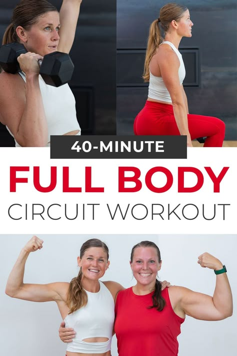 Strengthen and shred at home with this efficient Full Body Circuit Workout. Each circuit contains four dumbbell exercises: upper body, lower body, cardio and core. This popular shred format both builds strength and burns calories at home, using just a set of dumbbells. Full Body Circuit Workout Beginner, Total Body Circuit Workout, Cardio With Weights Workout, Circuit Training Workouts At Home, Full Body Dumbbell Circuit, Full Body Circuit Workout With Weights, Jessie Workout, Full Body Weights Workout For Women, Nml Workouts