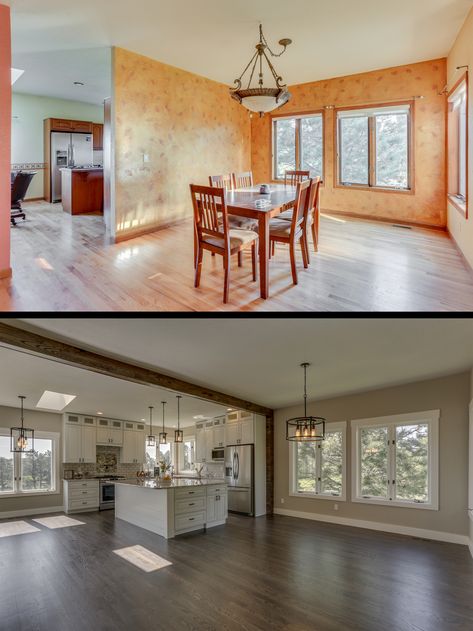 Transition From Kitchen To Living Room, Ranch Style Remodel Before And After, Old Home Before And After, Open Floor Plan Living Room And Kitchen And Dining Room, Opening Up A Kitchen To Living Room, Home Expansion Ideas, Open Up Kitchen To Living Room, Before And After Home Interior, 1920 Home