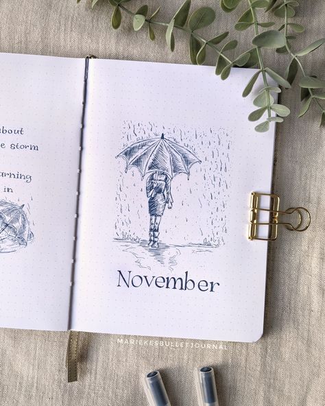 Bujo Rain Theme, Rain Bullet Journal Theme, Rain Bullet Journal, November Cover Page, Rain Journal, November Bujo, Bujo Aesthetic, Monthly Ideas, Pinterest Watch